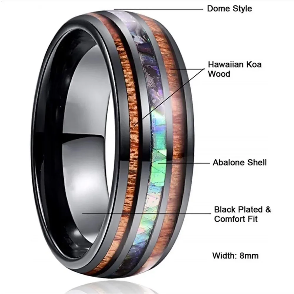 Unisex Tungsten Hawaiian KOA Wood Abalone Ring